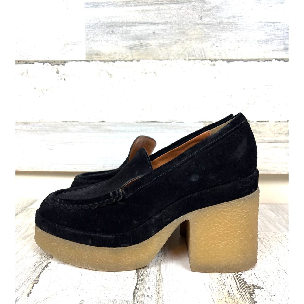 Marc Fisher Womens 9 Black Lina Suede Chunky Platform Slip-On heeled Loafers
